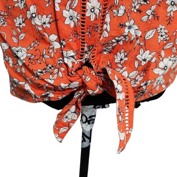 Charter Club Linen Blouse XL Orange Floral Blend Front Tie Cottagecore - Picture 4 of 10